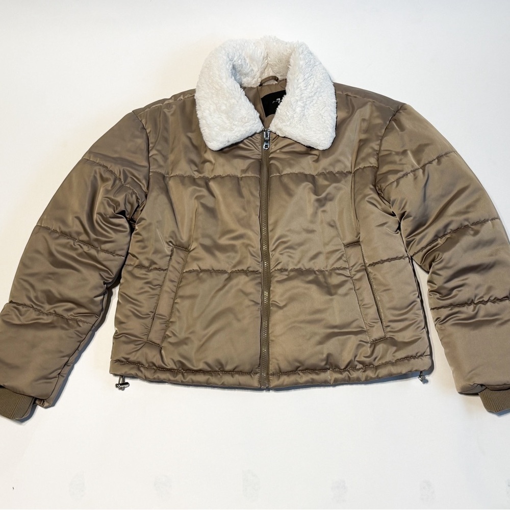 7 For All Mankind Puffer Jacket with Faux Fur Collar - Tan - Size S